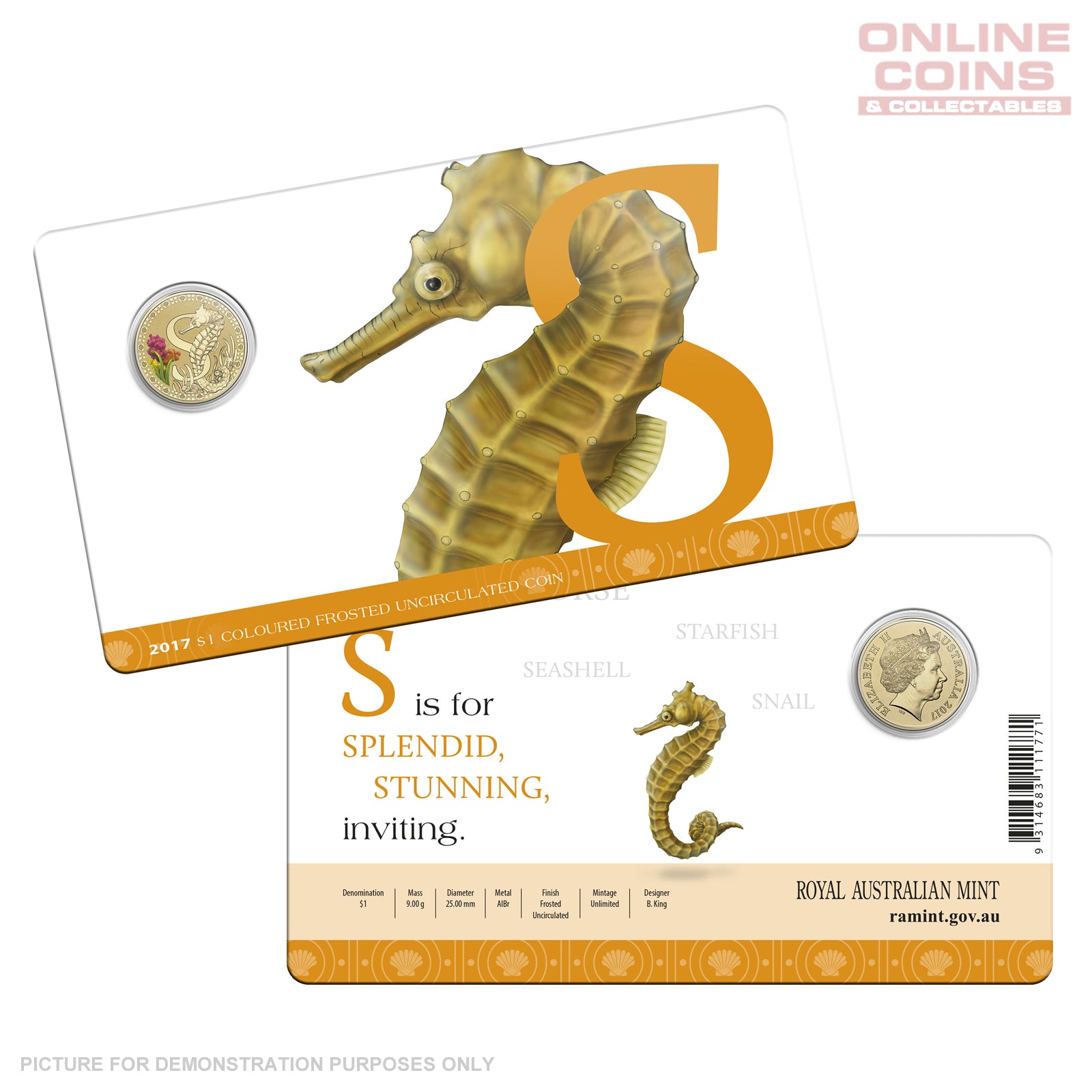 2017 $1 Coloured Alphabet Frosted Coin In Card - S For Seahorse